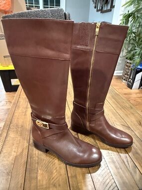 Michael Kors Brown Leather Knee-High Riding Boots with Gold Accent